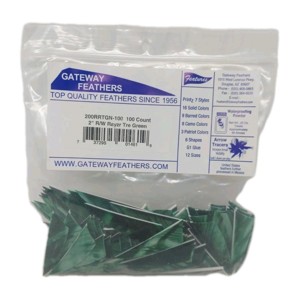 100 Pack Gateway Feathers 2″ Right Wing: Rayzr Camo Tre Green 200RRTGN-100