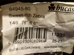 BUCAS SWEET ITCH ZEBRA FLY SHEET W/Full Neck AND Belly Band SIZE 78 new in Bag!!