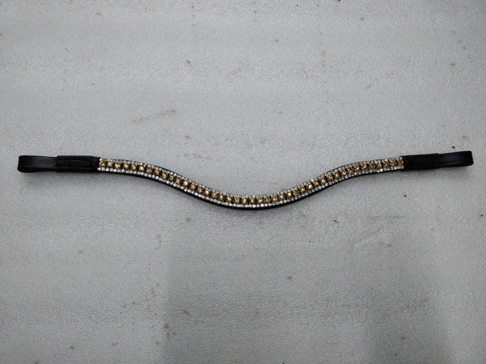 Three Row Golden/White Crystal Leather Browband For Horse Bridle Part All Sizes