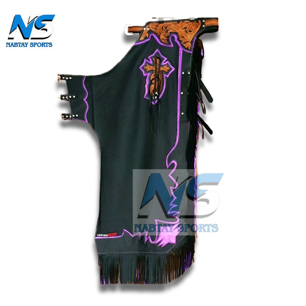 Bull Riding Chaps western Black Leather Show Adult chap fringes