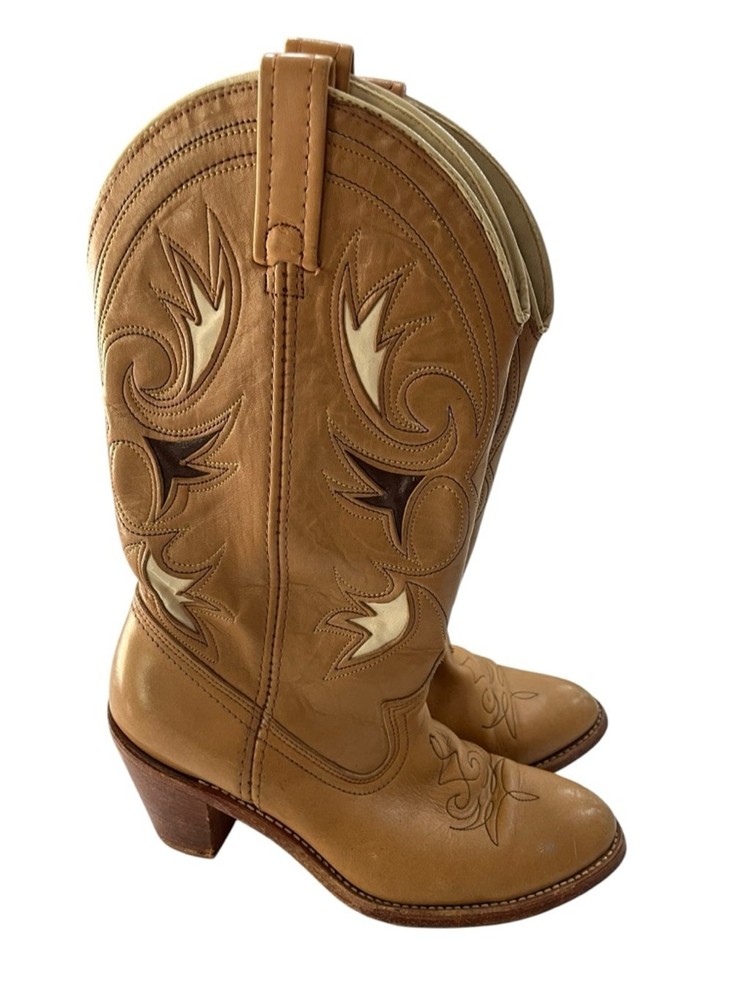 Vintage 70s Dingo Leather Eagle Cowboy Boots Western Cowgirl Boho Tan Size 8