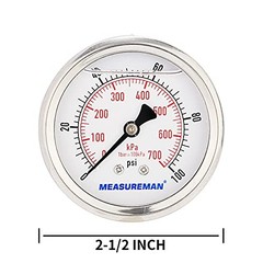 2-1/2inch Dial Size, Glycerin Filled Pressure Gauge, 0 0-100 psi Back Mount