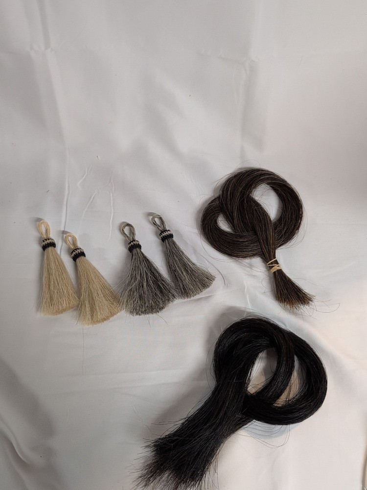 4 Horse Hair Tassels w/ Loop Blonde and Gray Plus Chestnut & Black Loose Bundles