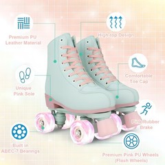 XUDREZ Roller Skates for Girls and Women, Light Green PU Leather Indoor Outdo…