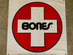 Powell Peralta “SWISS BONES BEARINGS ” Banner 35″H X 35”W – Bones Brigade, Hawk