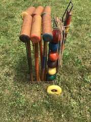 Vintage WOOD CROQUET SET w CADDY metal carrier stand rack rolling lawn game 60s