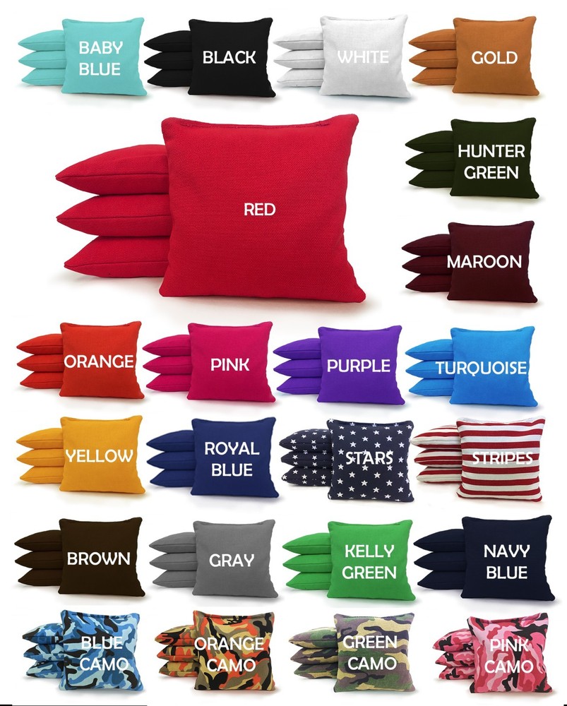 Set of 8 Cornhole Bags Regulation Size – 23 Colors – Corn Filled – with Tote