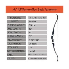TBOW 62” ILF Recurve Bow with Gordon Limbs 30-60Lbs for Adult Archery Comp