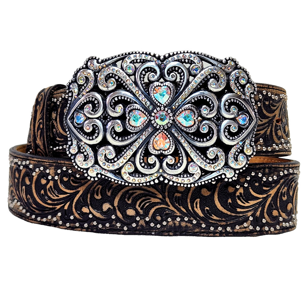 TONY LAMA Studded Leather Belt Sz 36 Swarovski Crystal Buckle Hearts Rhinestones