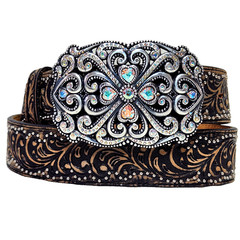 TONY LAMA Studded Leather Belt Sz 36 Swarovski Crystal Buckle Hearts Rhinestones