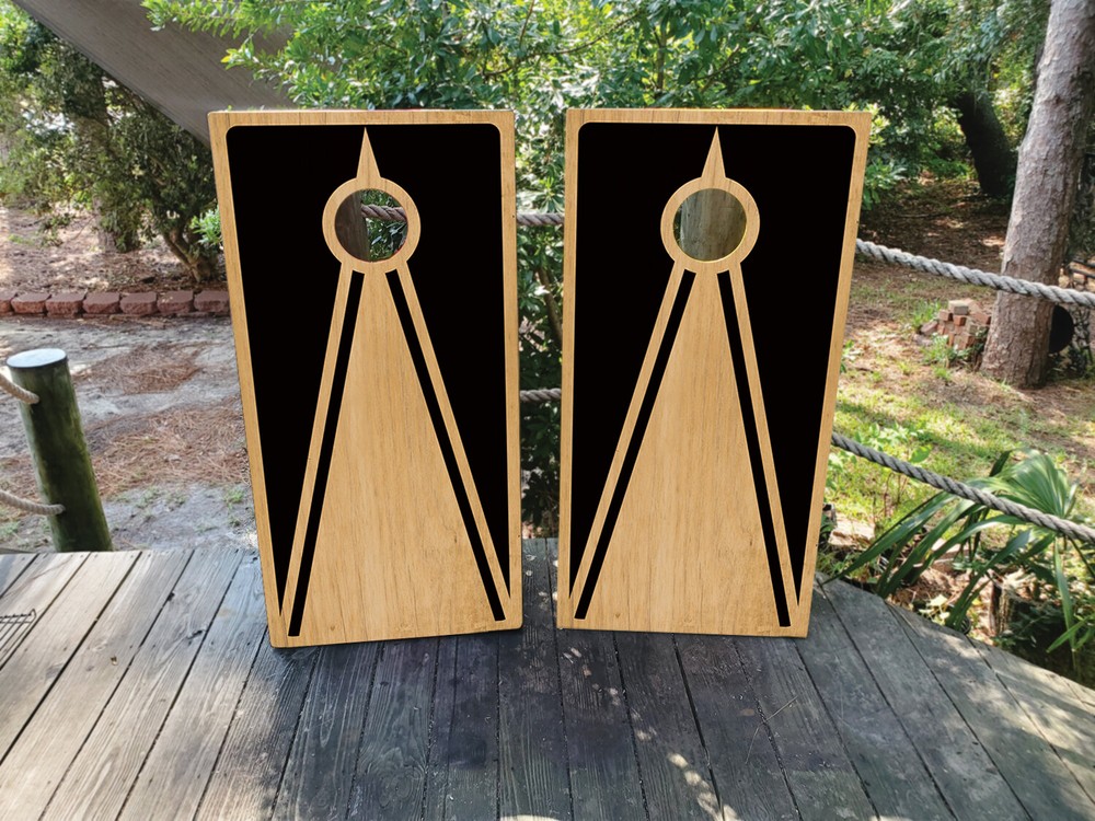 WATERPROOF & FADEPROOF Cornhole Board Wraps / Black Wood Grain Triangle