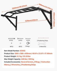 Pull Up Bar,Multi-Grip Wall Mounted Pull Ups,50 in Width Multifunctional Chin Up