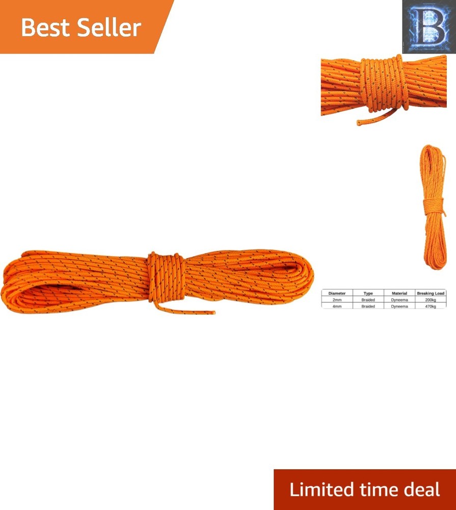 Ultra-Light Dyneema Reflective Orange Rope – 15ft 440lbs for Camping & Sailing