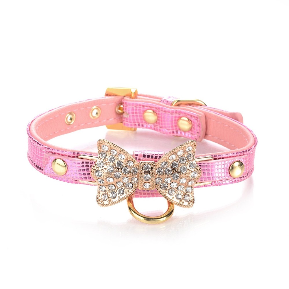 Gold Bling Diamond Giltter Leather Fashion Collar with Ring for Tags for Smal…