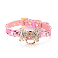 Gold Bling Diamond Giltter Leather Fashion Collar with Ring for Tags for Smal…