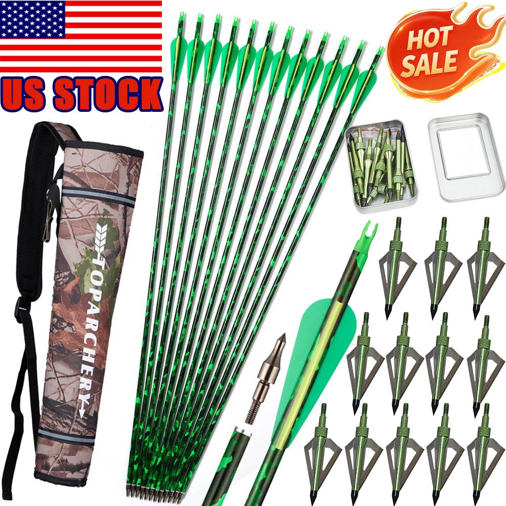 12x 30» Carbon Arrows Compound&Recurve Bow Target 100Grain Hunting Broadheads