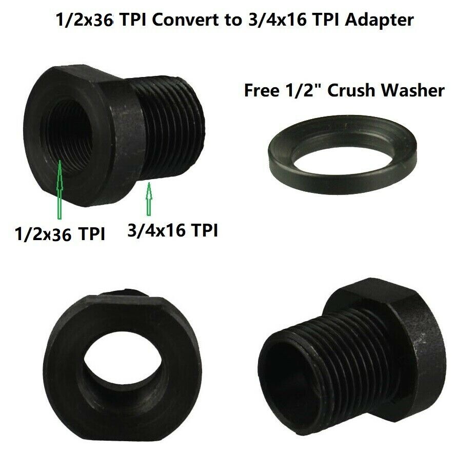 Steel Adapter Convert 1/2×36 TPI Thread to 3/4×16 TPI Thread, Free Crush Washer