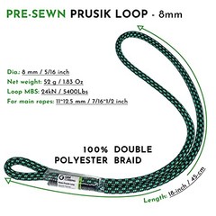 8mm (5/16″) Prusik Loop Pre-Sewn 18 inches / 24 inches Black-18 Inch
