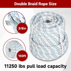 5/8In Rope 150Ft 11250 Lbs Double Braid Polyester Pulling Rope Bull Rope for Pul