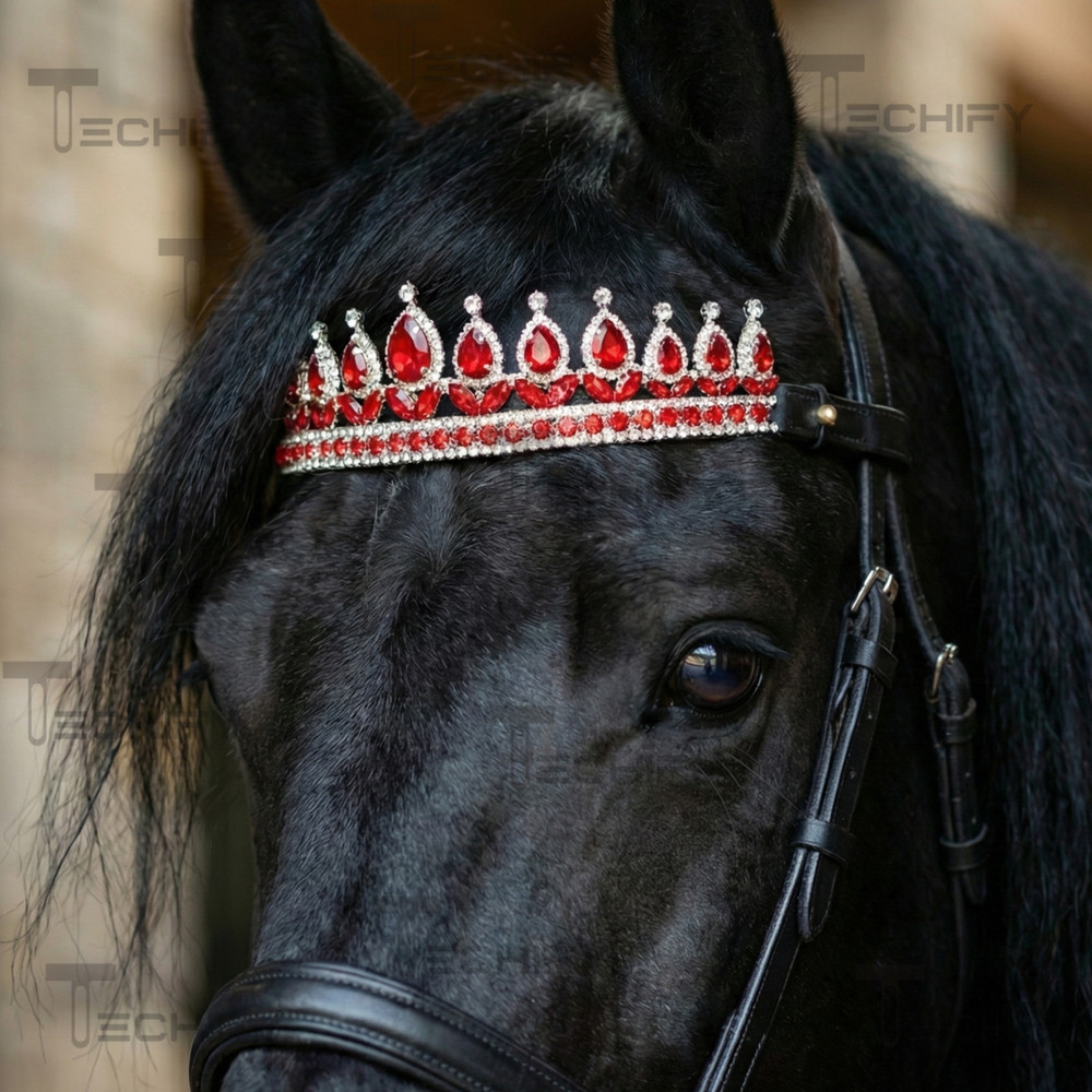 Red Crystal Horse Browband Bling Crown Style Rhinestone Leather Padded