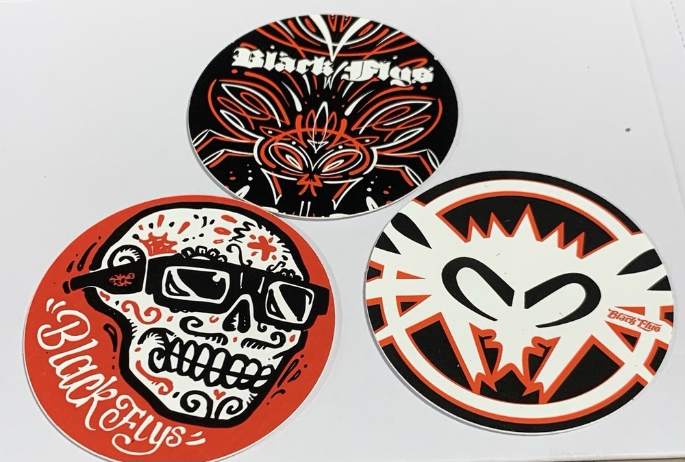 2 1/2 inch Circle Black Flys Eyewear STICKER Surf Skate Snow Party Lot of 3
