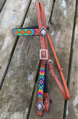 Western brow band headstall w/beaded overlay, copper conchos various colors