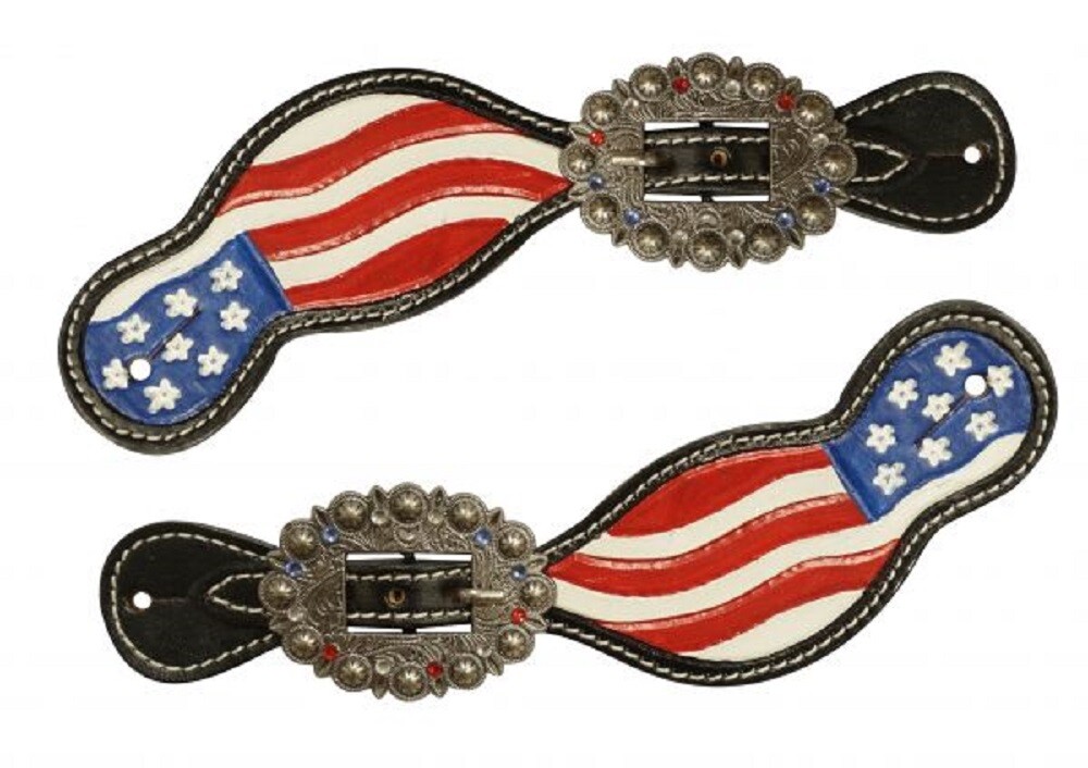 Hand painted AMERICAN FLAG SPUR STRAPS Red & Blue crystal rhinestones Engraved