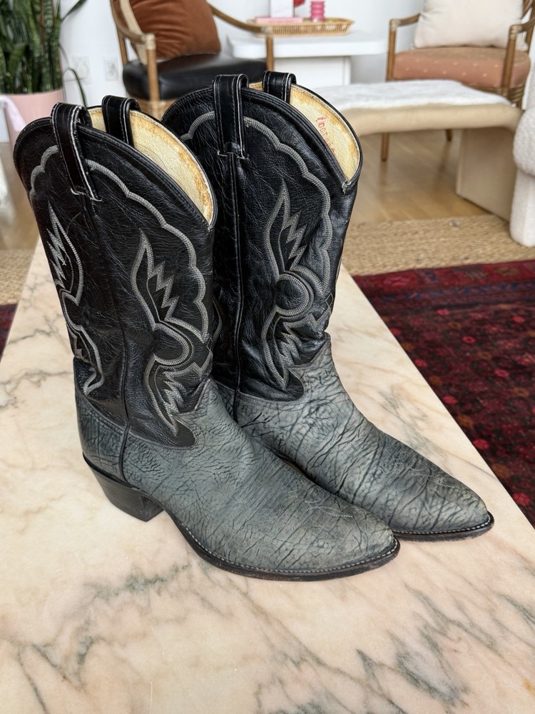 Vtg Tony Lama Black Label 6252 Shrunken Bull Shoulder Cowboy Boots Men’s 10.5D