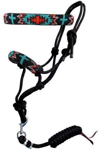 Showman Turquoise & Red Navajo Cross Beaded Nose Cowboy Knot Rope Halter w/ 7′