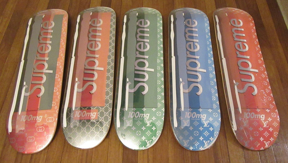 Lot of 5 – Denial Supreme Vuitton Supreme Gucci Smashup Pill Skateboard Deck New