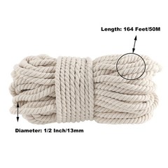 Cotton Rope 1/2 Inch x 164 Feet Milky Twisted 3-Strand – Great for Crafts, Tug