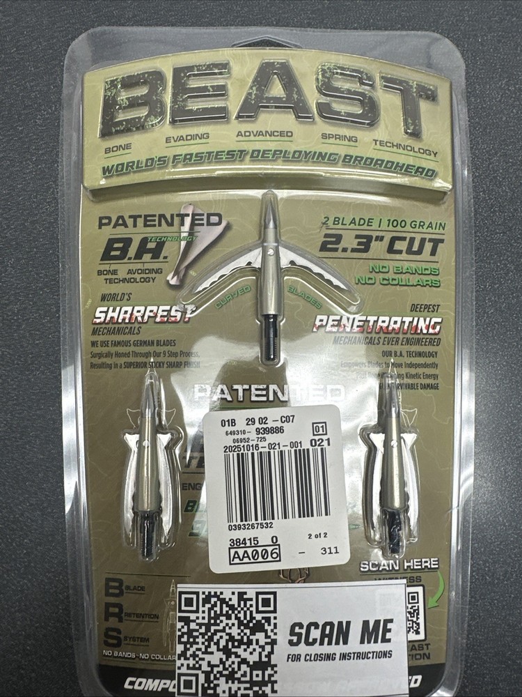 New Bowmar Archery Beast Broadheads 2.3 Inch Cut 2 Blade 100 Grain 3 Pack