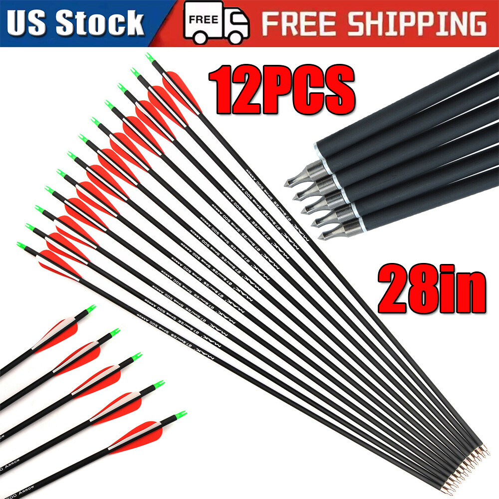 12PCS 28-inch Carbon Arrows SP500 Archery Hunting For Compound & Recurve Bow