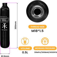 TUXING 4500Psi Pcp Air Tank 0.5L 31Cu in 500Cc Carbon Fiber HPA Tank,Gas Cylinde