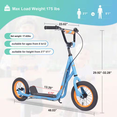 Kick Scooter Bike for 6-12 Years-Old Kids with Adjustable Handlebar, 12 In. Infl