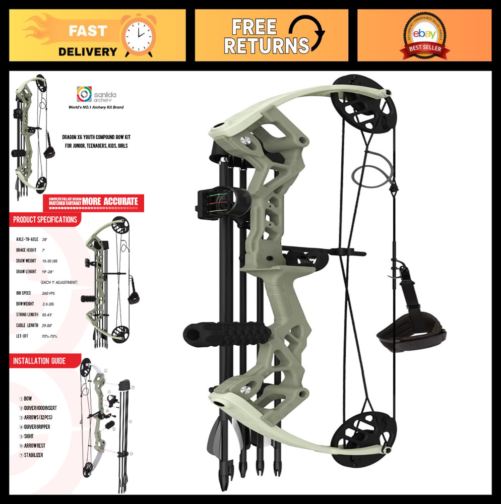 Youth Compound Bow Kit for Beginners – 19″-28″ Draw Length, 15-30 LBS, Arrows In
