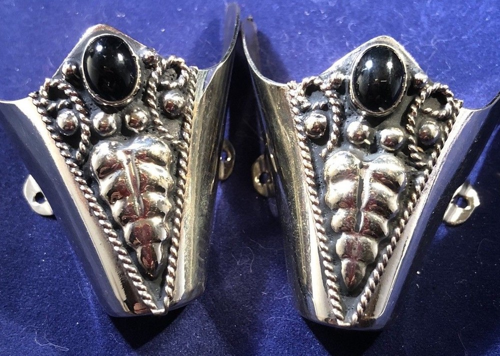 New Western Cowboy Boot Toe Tip Hand Carved Black And Silver With Black Stone