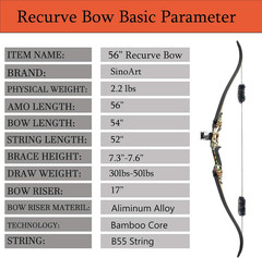 Topbows 56″ Recurve Bow with 30″ Max Draw 30 35 40 45 50lb Draw Weight Right Han