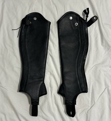 Dover Saddlery Black Leather Half Chaps with Side Zipper and Foot Strap Pair XS
