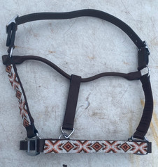 Gold, coral, white beaded leather horse size halter