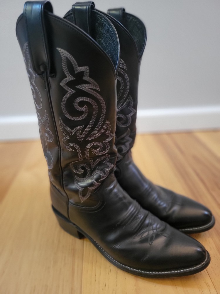 Men’s Justin Round Toe Cowboy Boots, Size 8.5D, Black Leather, Excellent Cond