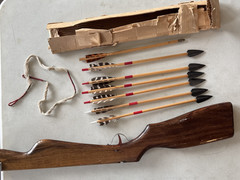 Vintage 1950’s Crossbow Bowgun & Arrows Lot, Hardwood & Aluminum, Made in USA!