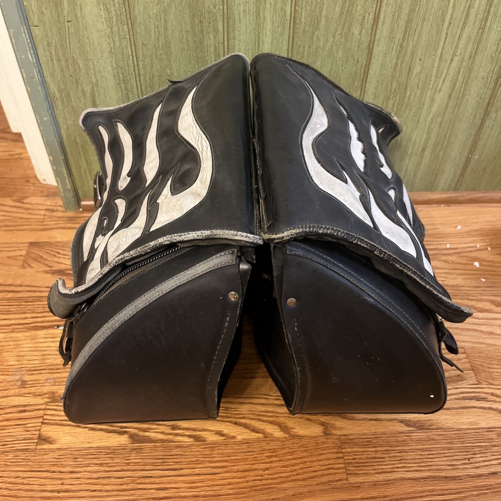 2 Heavy-duty Motorcycle US Saddlebags Large Leather Pair Flames Set Black Lock