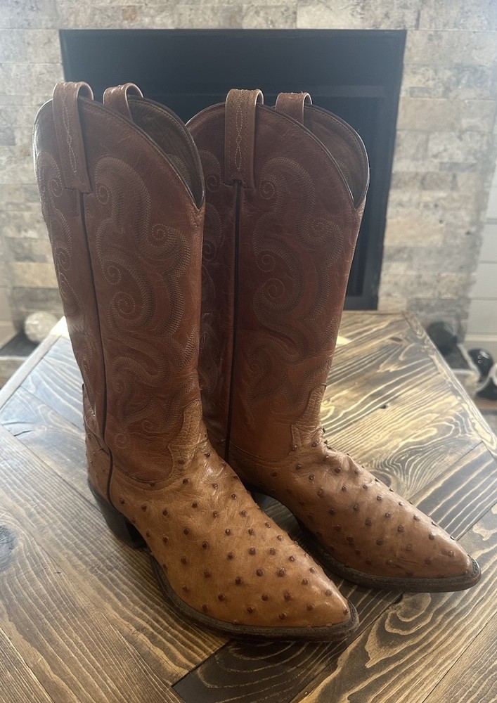 Tony Lama Ostrich Leather Peanut Brittle”Cowboy Boots Men’s Size 8 EE