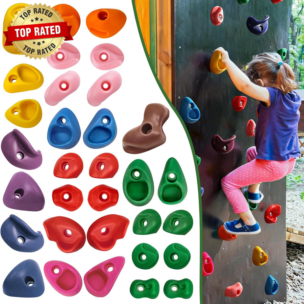 32 Rock Climbing Holds for Kids and Adults, Multi Size Colorful Plastic Wall Gri