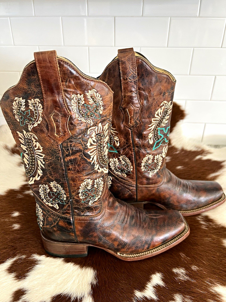 Corral Women’s Brown Leather Western Cowboy Boots Embroidered, US 7 Horseshoe