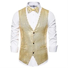 Gold Sequin Vest Men’s Single-breasted V-neck Sleeveless Vests Coat Wedding Part