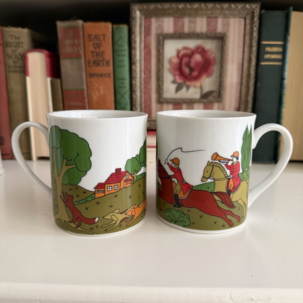 Vintage Horse Rider Hunters And Dogs Hunting Red Fox Equestrian Mug Set Japan