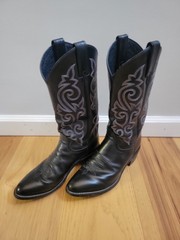 Men’s Justin Round Toe Cowboy Boots, Size 8.5D, Black Leather, Excellent Cond