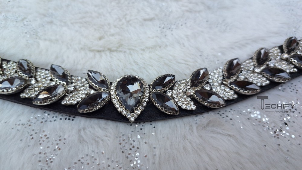 Horse Leather Browband with Grey Crystal White Leaf shape Crystal browband